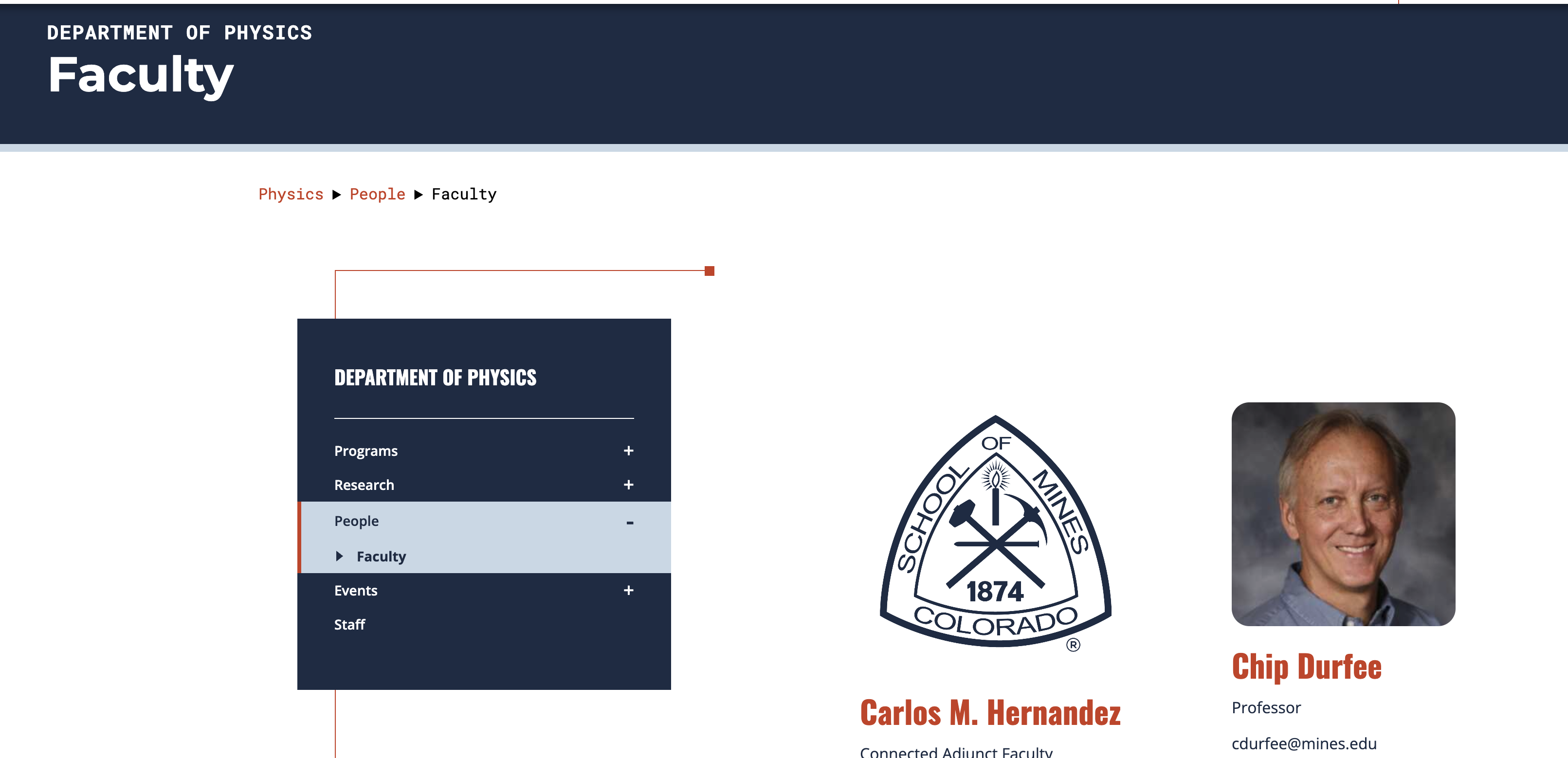 Screenshot of a department faculty listing content type