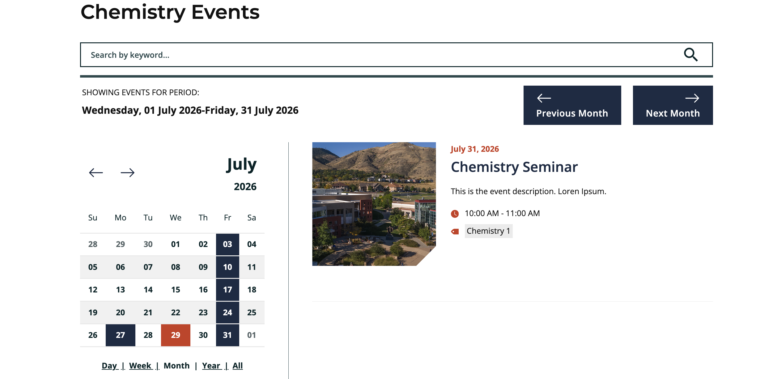 Screenshot of Events Calendar Content Type