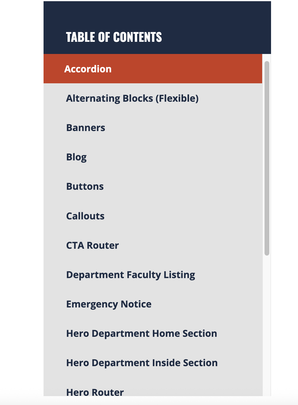 Screenshot of Table of Contents content type
